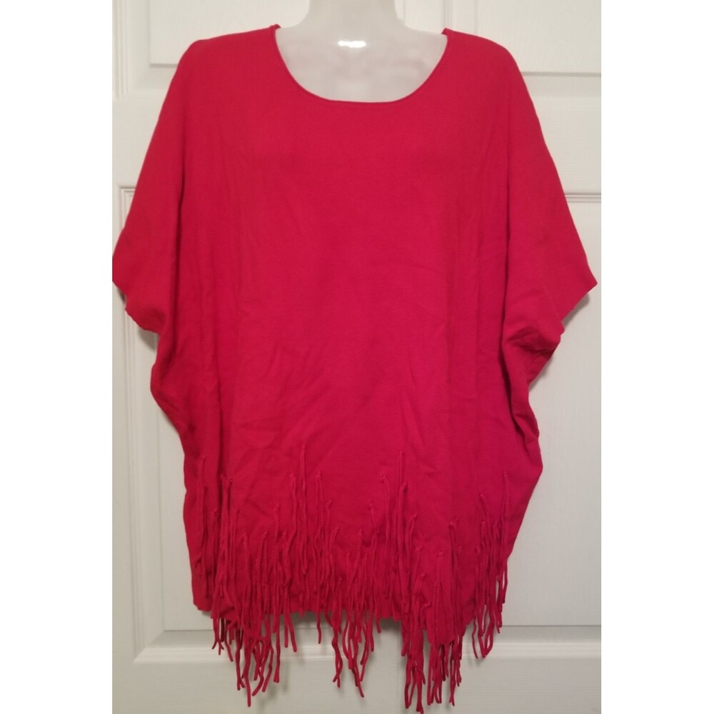 Renuar Women's Knit Sweater Top True Red Fringe Short Sleeve Oversized Size L/XL
